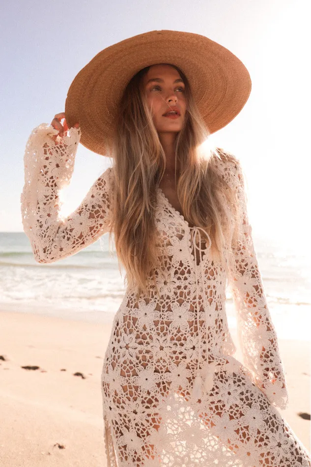 Women Swim LoveShackFancy Lorne Cotton Crochet Maxi Dress Antique White