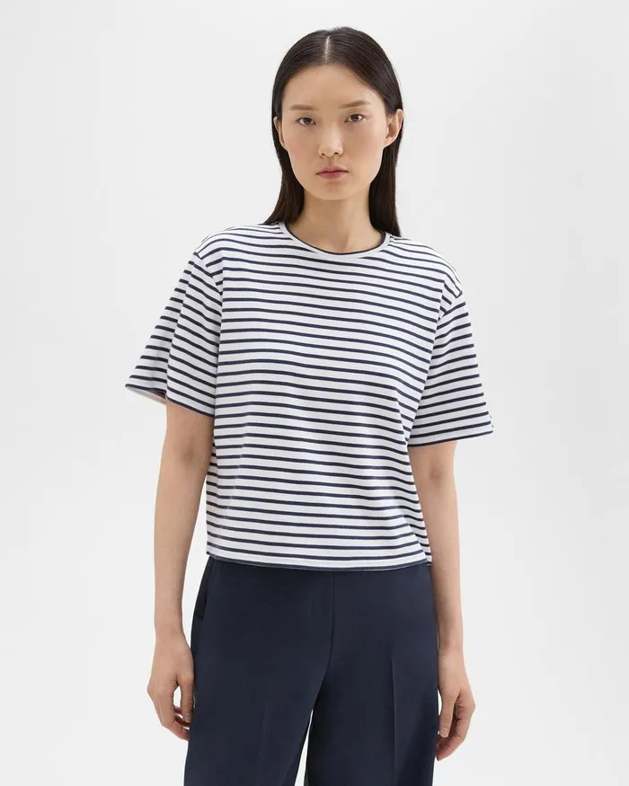 Women TShirts Tank Tops Theory Boxy Tee In Striped Cotton Jersey Navy Multi