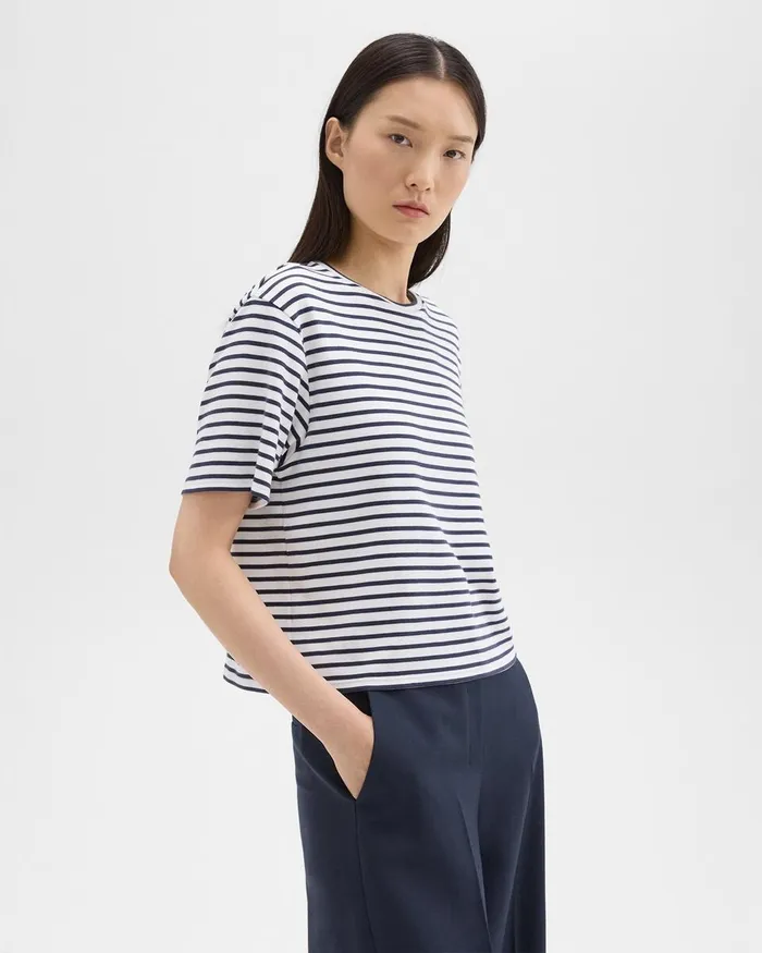 Women TShirts Tank Tops Theory Boxy Tee In Striped Cotton Jersey Navy Multi