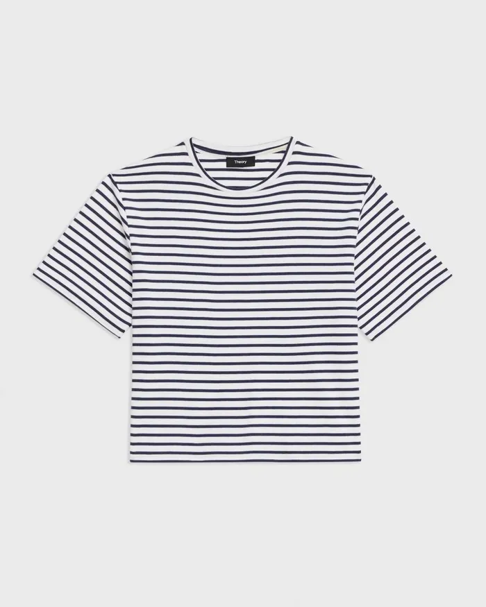 Women TShirts Tank Tops Theory Boxy Tee In Striped Cotton Jersey Navy Multi