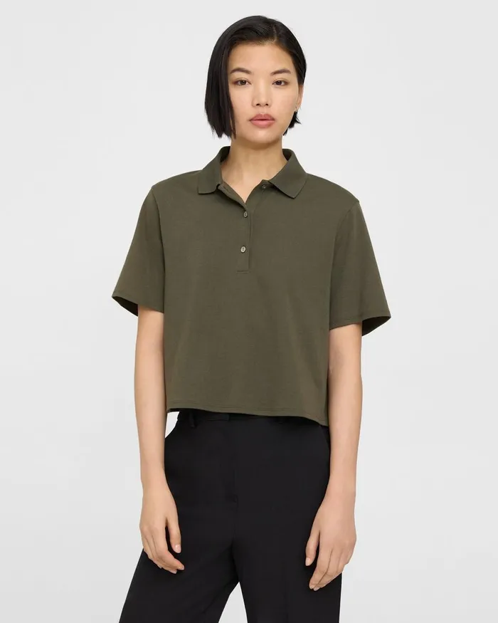 Women TShirts Tank Tops Theory Cropped Polo In Cotton Jersey Dark Olive