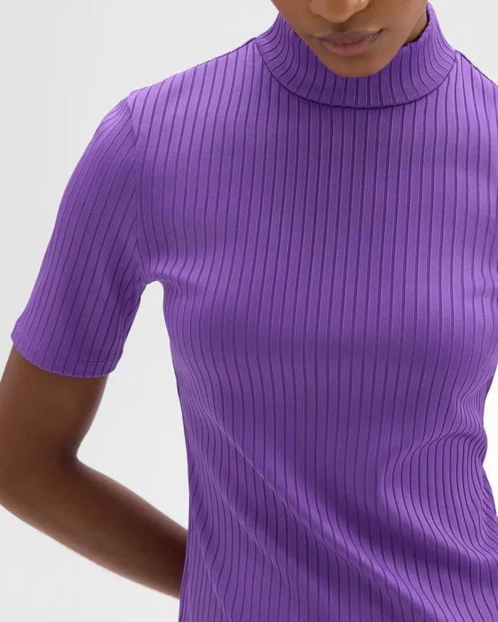 Women TShirts Tank Tops Theory Mock Neck ShortSleeve Top In Rib Knit Bright Peony
