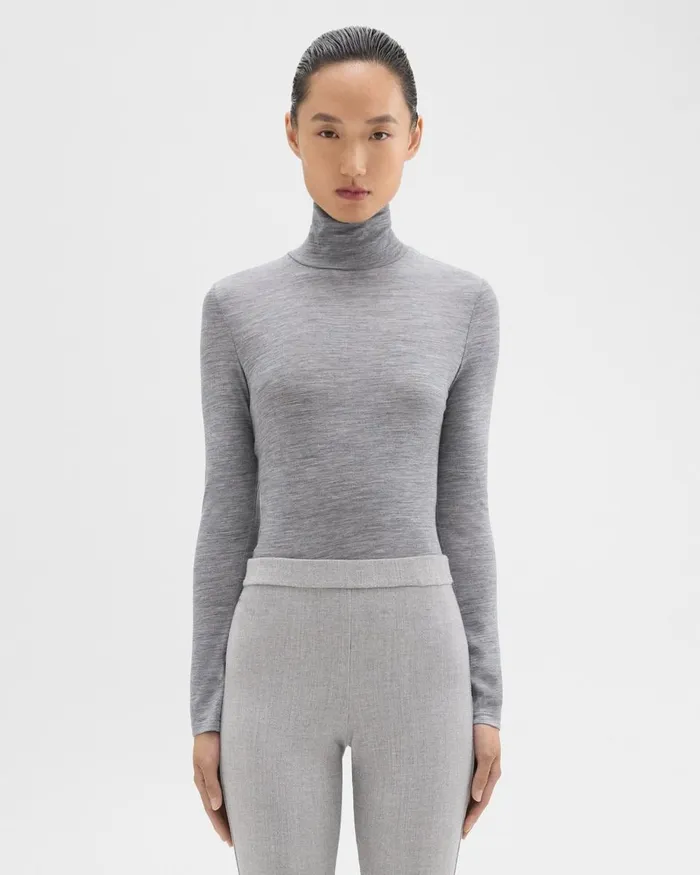 Women TShirts Tank Tops Theory Turtleneck Tee In Meacutelange Wool Jersey Grey Melange
