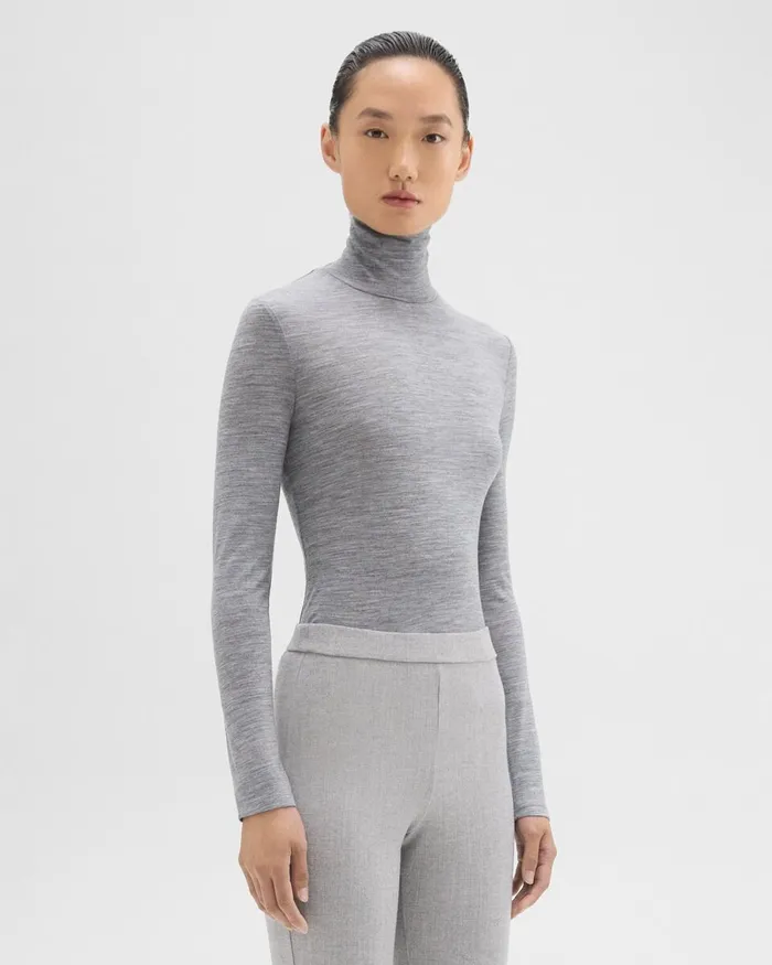 Women TShirts Tank Tops Theory Turtleneck Tee In Meacutelange Wool Jersey Grey Melange