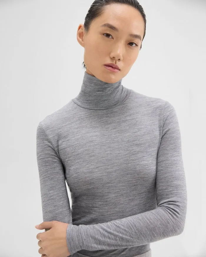 Women TShirts Tank Tops Theory Turtleneck Tee In Meacutelange Wool Jersey Grey Melange