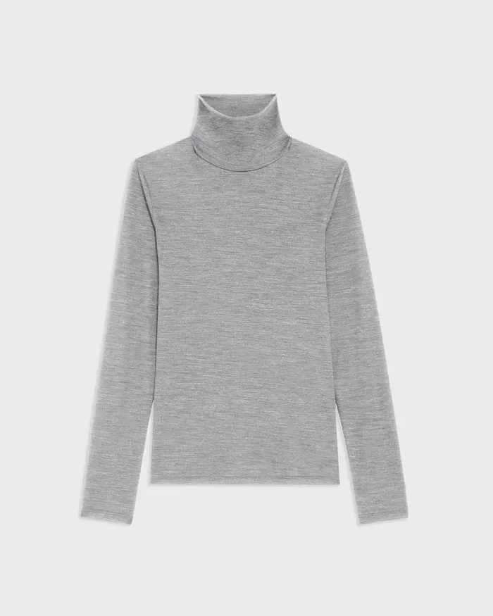 Women TShirts Tank Tops Theory Turtleneck Tee In Meacutelange Wool Jersey Grey Melange