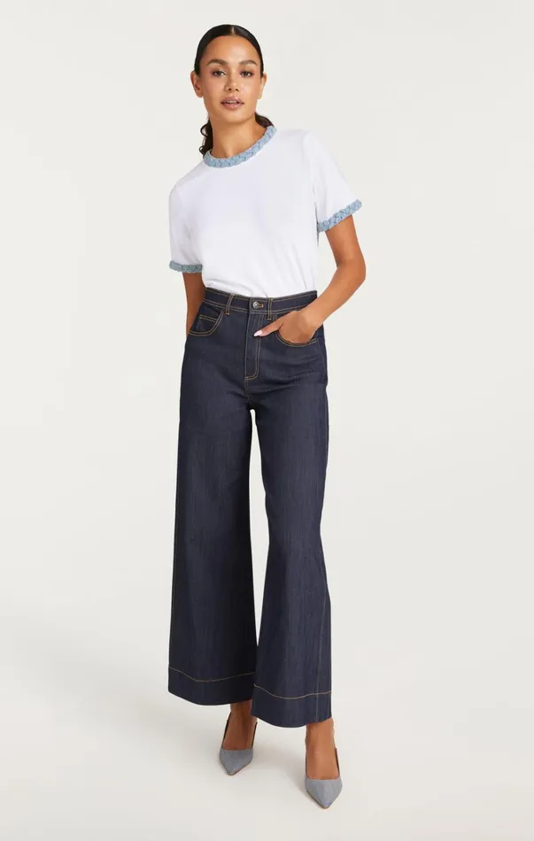 Women Tees and Pullovers Cinq Sept Denim Braided Tee Whitelight Wash