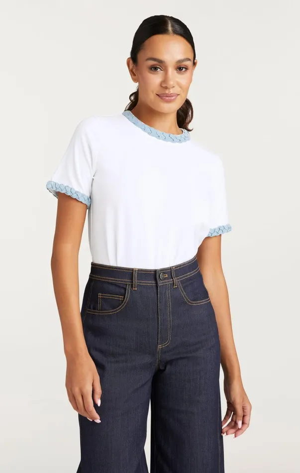 Women Tees and Pullovers Cinq Sept Denim Braided Tee Whitelight Wash