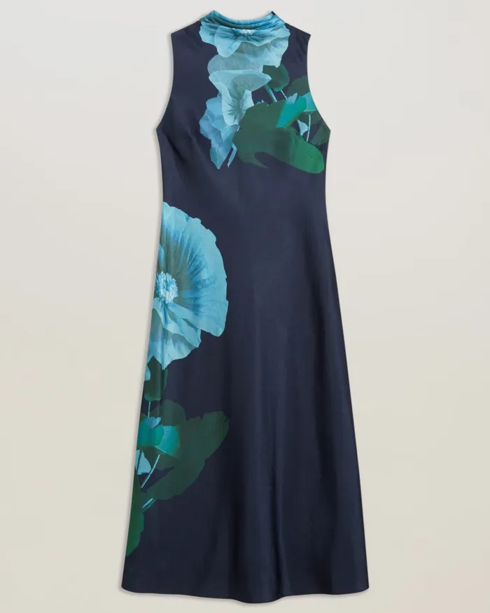 Women TIMAVA 8211 High Neck Floral Satin Slip Dress Navy Ted Baker Dresses