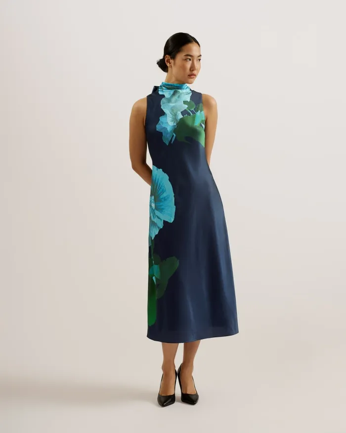 Women TIMAVA 8211 High Neck Floral Satin Slip Dress Navy Ted Baker Dresses Women TIMAVA 8211 High Neck Floral Satin Slip Dress Navy Ted Baker Dresses