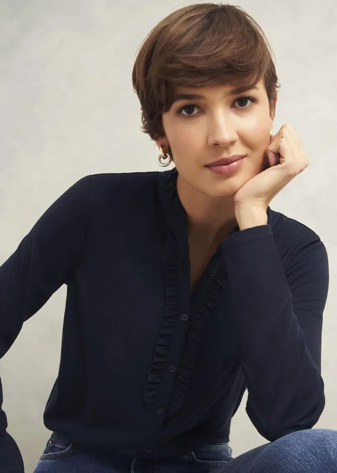 Women Tops Hobbs Ramona Cotton Blend Collared Top Hobbs Navy