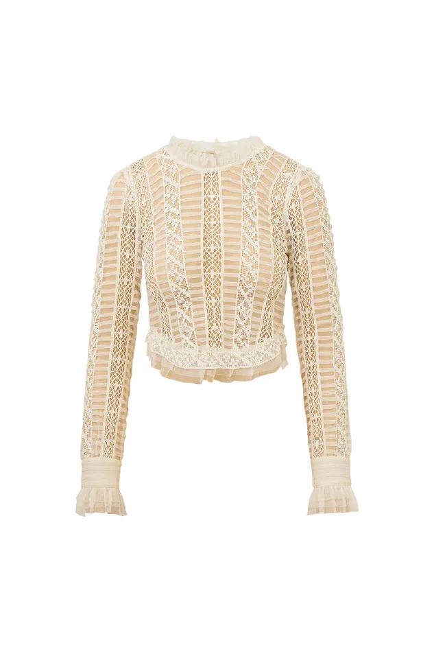 Women Tops LoveShackFancy Etheline Crochet Lace Long Sleeve Top Cream