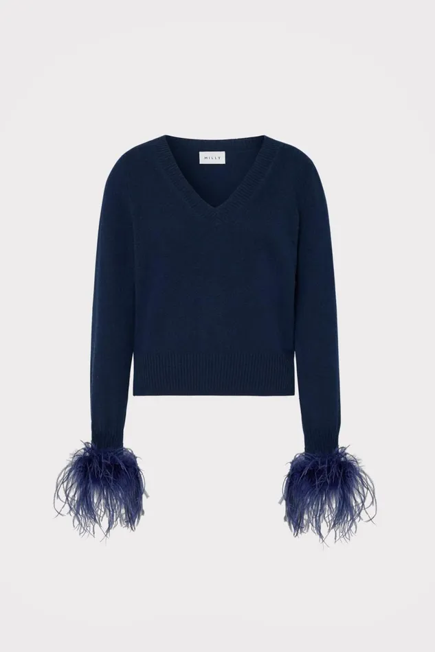 Women Tops Milly Feather Cuff VNeck Sweater Navy