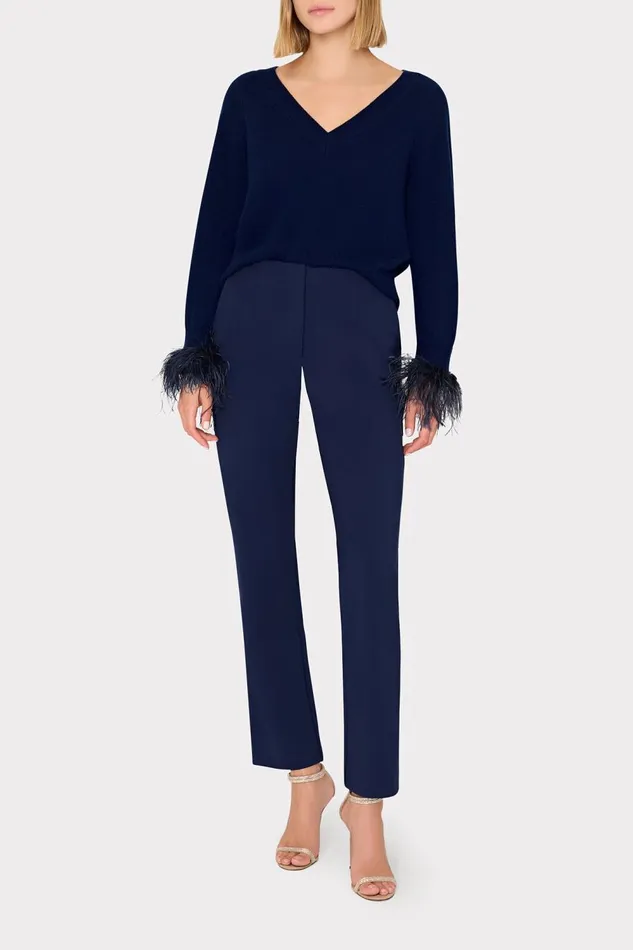 Women Tops Milly Feather Cuff VNeck Sweater Navy Women Tops Milly Feather Cuff VNeck Sweater Navy