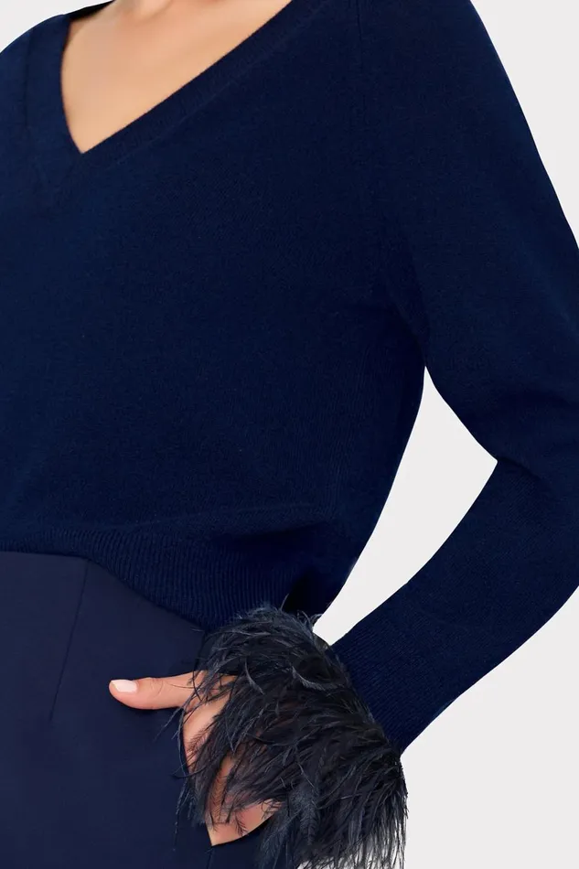 Women Tops Milly Feather Cuff VNeck Sweater Navy Women Tops Milly Feather Cuff VNeck Sweater Navy