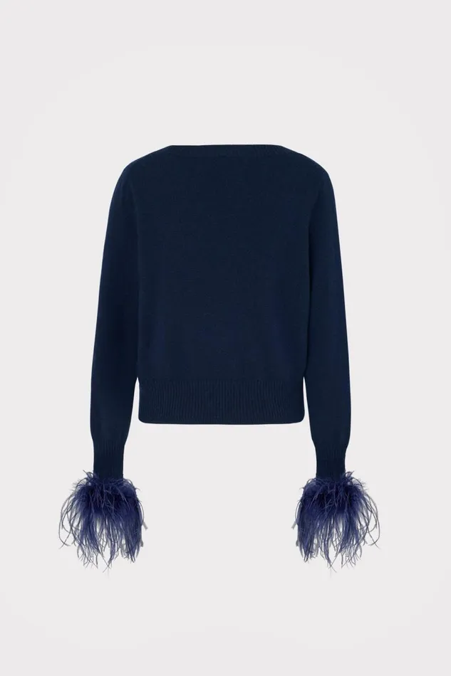 Women Tops Milly Feather Cuff VNeck Sweater Navy Women Tops Milly Feather Cuff VNeck Sweater Navy