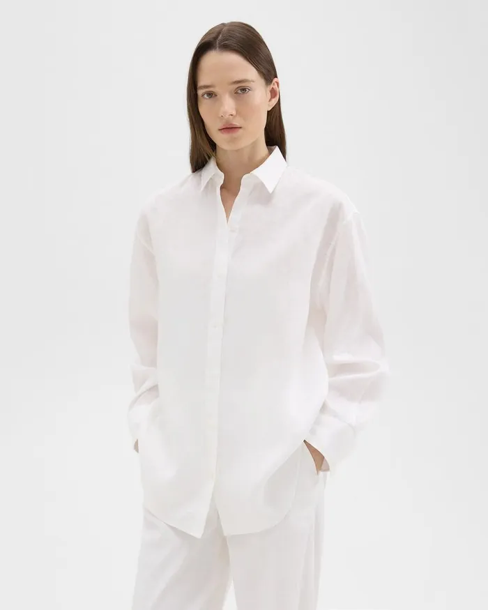 Women Tops Theory Boyfriend Shirt In Relaxed Linen White