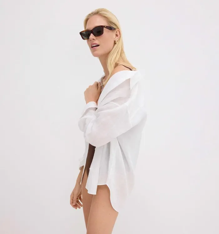Women Tops Theory Boyfriend Shirt In Relaxed Linen White