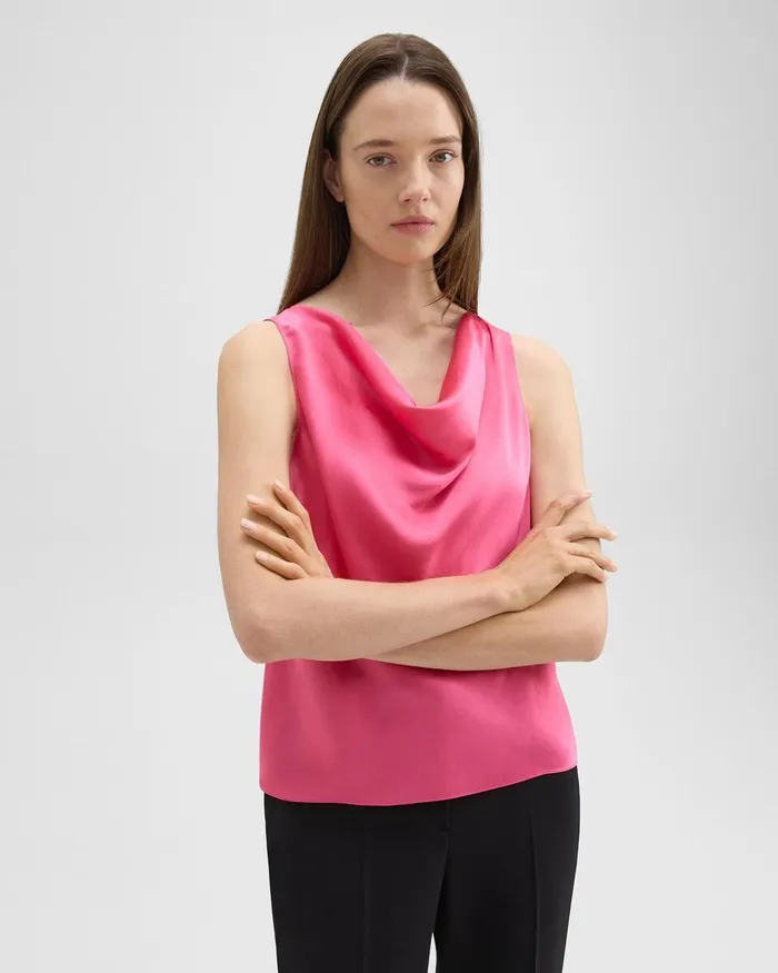 Women Tops Theory Cowl Neck Top In Crushed Satin Pink Azalea