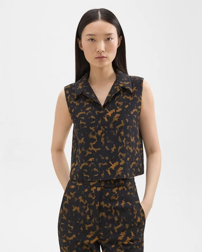 Women Tops Theory Cropped Sleeveless Polo In Tortoiseshell Printed Crepe Dark Brown Multi