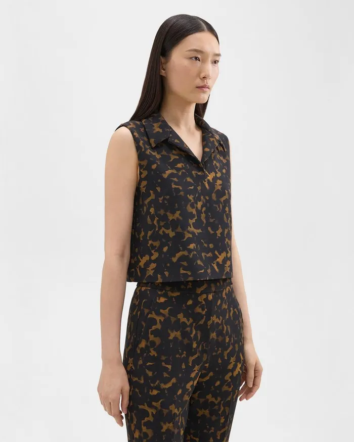 Women Tops Theory Cropped Sleeveless Polo In Tortoiseshell Printed Crepe Dark Brown Multi