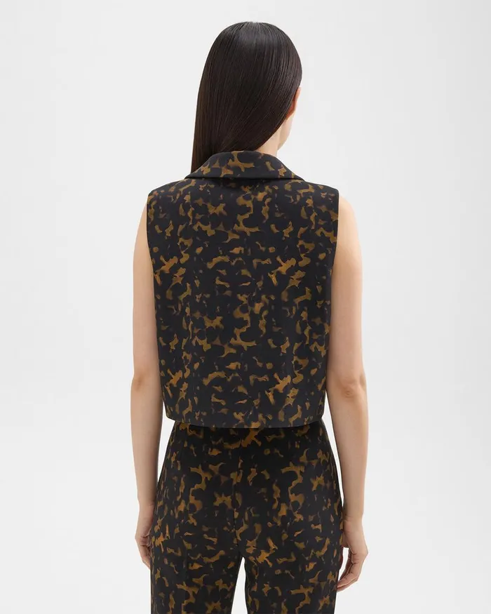 Women Tops Theory Cropped Sleeveless Polo In Tortoiseshell Printed Crepe Dark Brown Multi