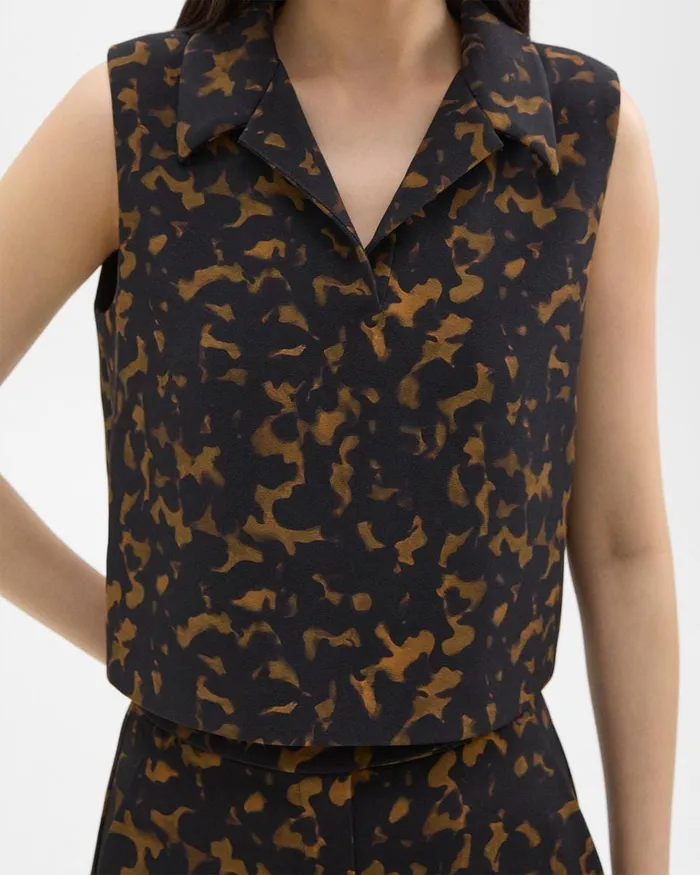 Women Tops Theory Cropped Sleeveless Polo In Tortoiseshell Printed Crepe Dark Brown Multi