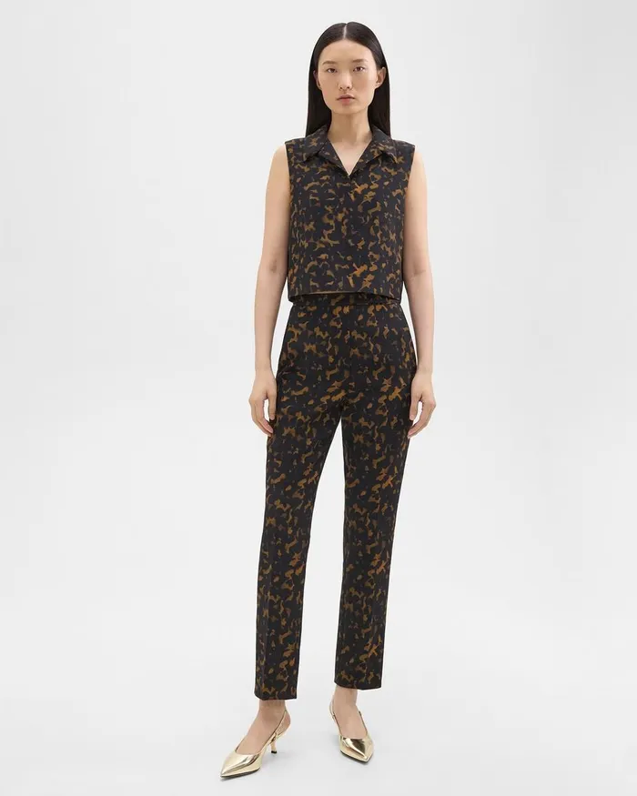 Women Tops Theory Cropped Sleeveless Polo In Tortoiseshell Printed Crepe Dark Brown Multi