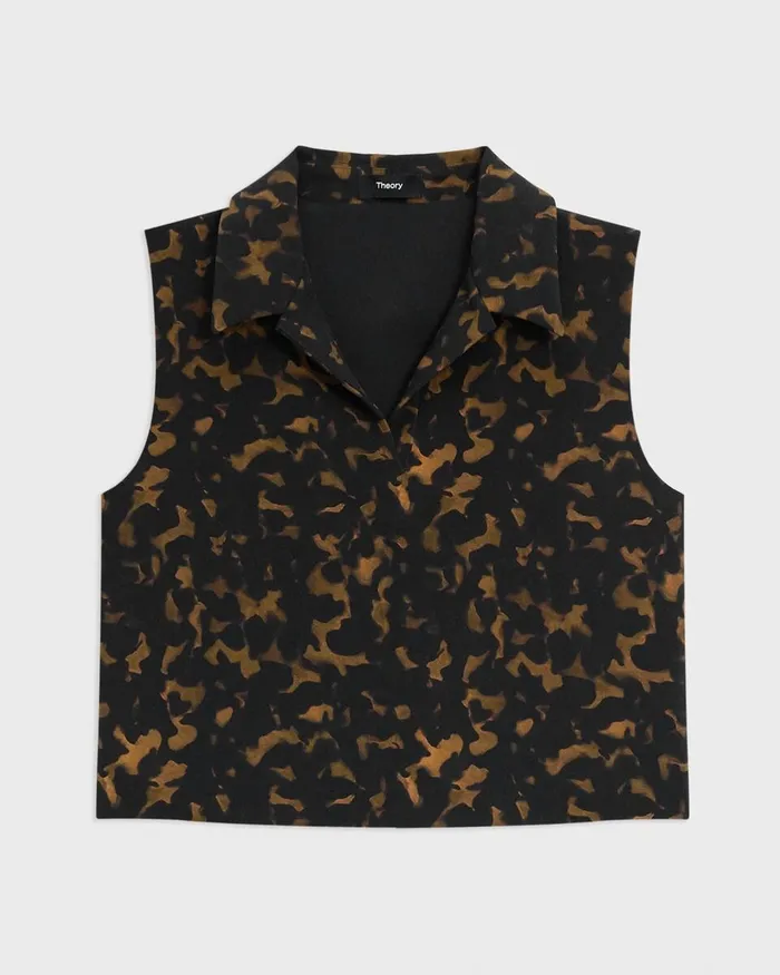 Women Tops Theory Cropped Sleeveless Polo In Tortoiseshell Printed Crepe Dark Brown Multi