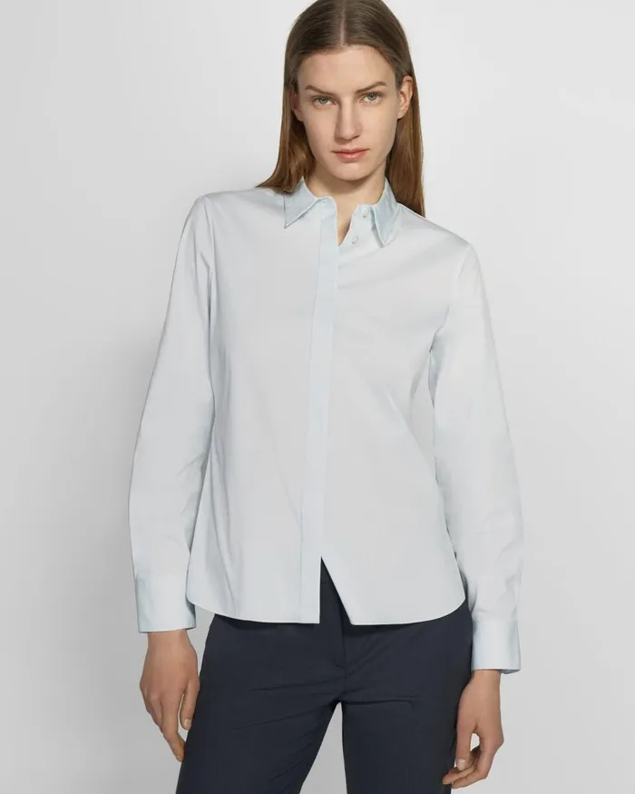 Women Tops Theory Fitted Shirt In Good Cotton Light Blue