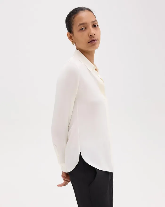 Women Tops Theory Fitted Shirt In Silk Georgette Ivory