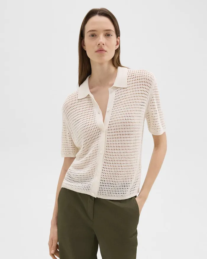 Women Tops Theory Mesh ShortSleeve Shirt In LinenViscose Bone