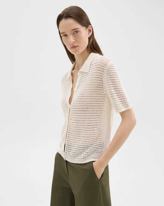 Women Tops Theory Mesh ShortSleeve Shirt In LinenViscose Bone