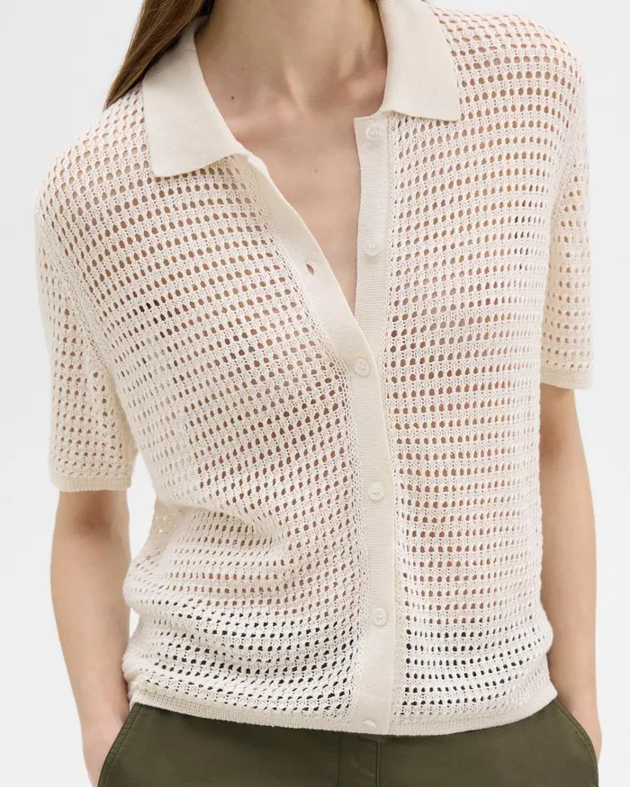 Women Tops Theory Mesh ShortSleeve Shirt In LinenViscose Bone