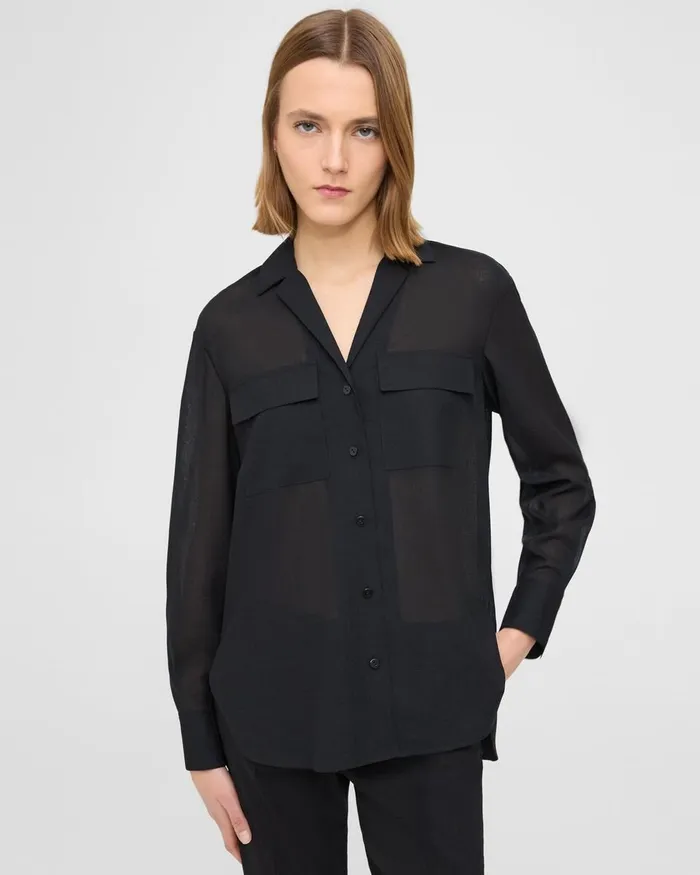 Women Tops Theory Oversized Patch Pocket Shirt In WoolPoly Black