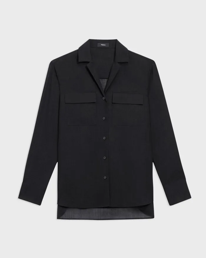 Women Tops Theory Oversized Patch Pocket Shirt In WoolPoly Black
