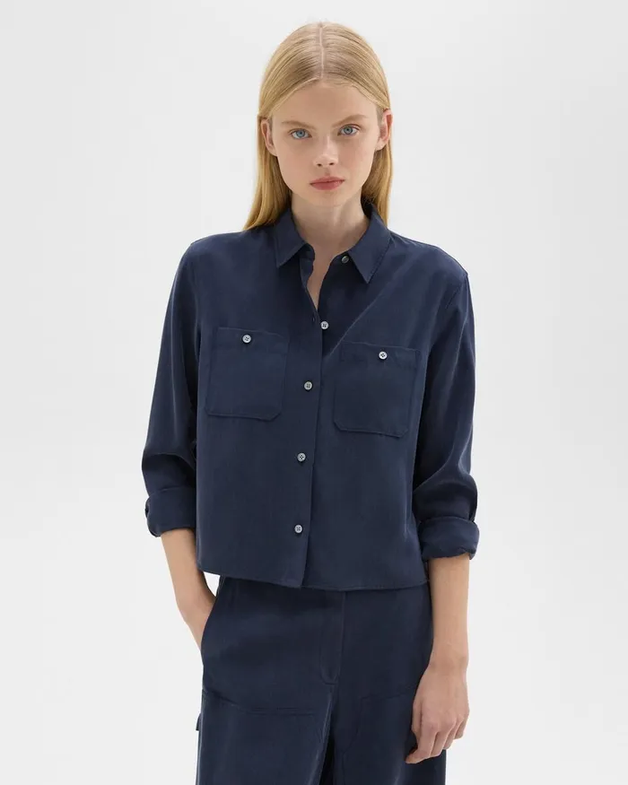 Women Tops Theory Patch Pocket Shirt In Fluid Twill Nocturne Navy