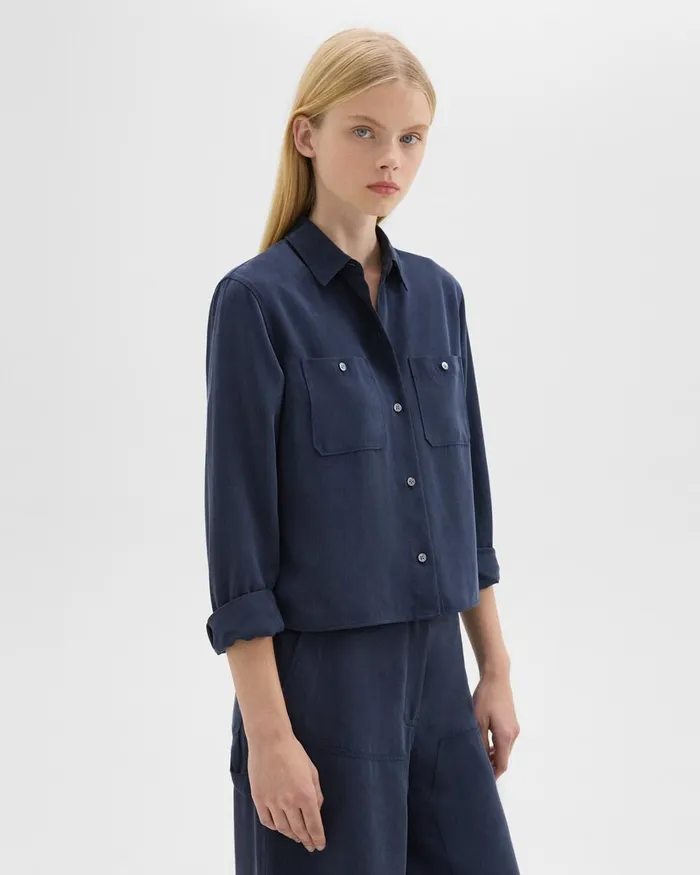 Women Tops Theory Patch Pocket Shirt In Fluid Twill Nocturne Navy