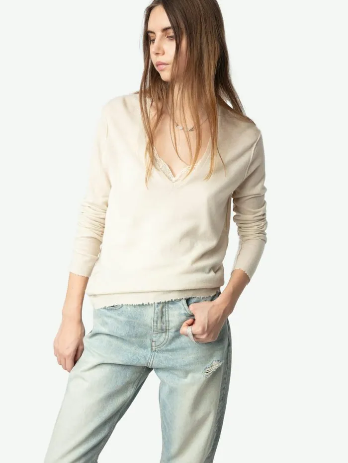 Women Zadig and Voltaire Sweaters and Cardigans Rivy Cashmere Sweater Ecru Women Zadig and Voltaire Sweaters and Cardigans Rivy Cashmere Sweater Ecru