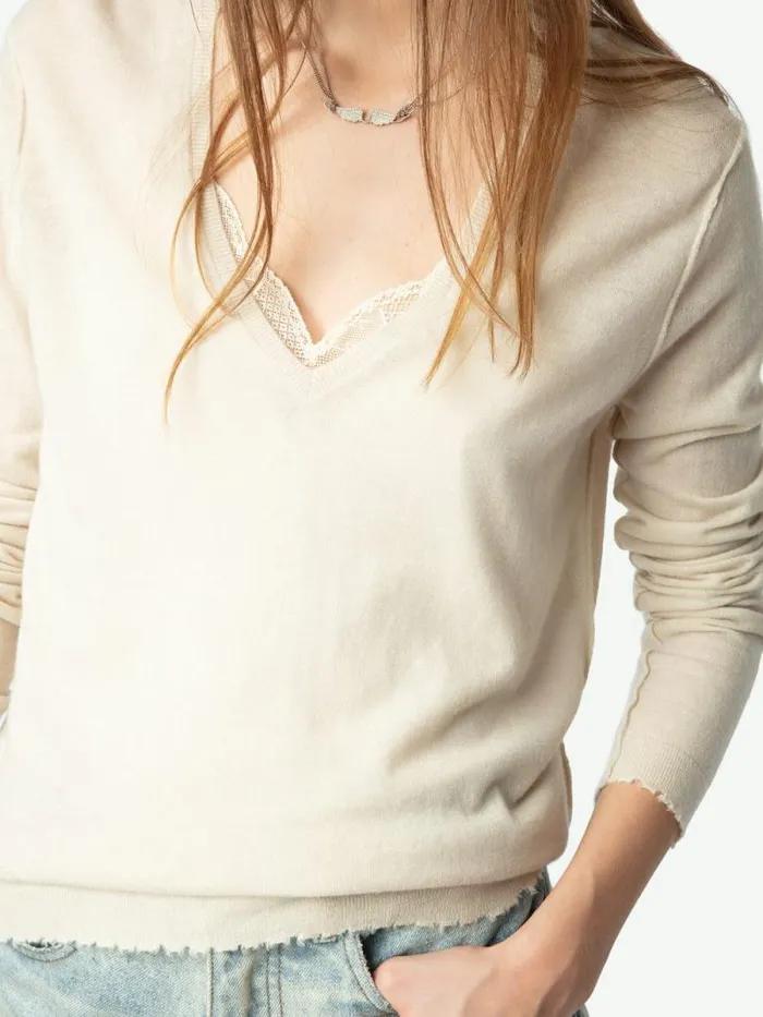 Women Zadig and Voltaire Sweaters and Cardigans Rivy Cashmere Sweater Ecru Women Zadig and Voltaire Sweaters and Cardigans Rivy Cashmere Sweater Ecru