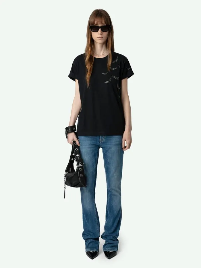 Women Zadig and Voltaire TShirts Anya Diamante Wings Tshirt Stone
