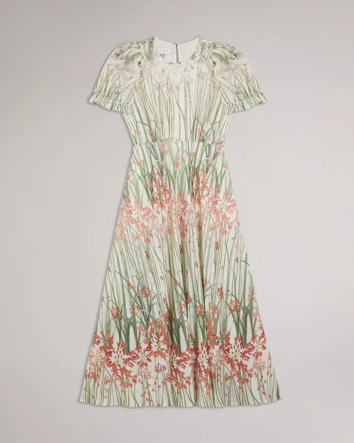 Women ZAHRRIA 8211 Floral Midi Dress With Puff Sleeves Ivory Ted Baker Dresses