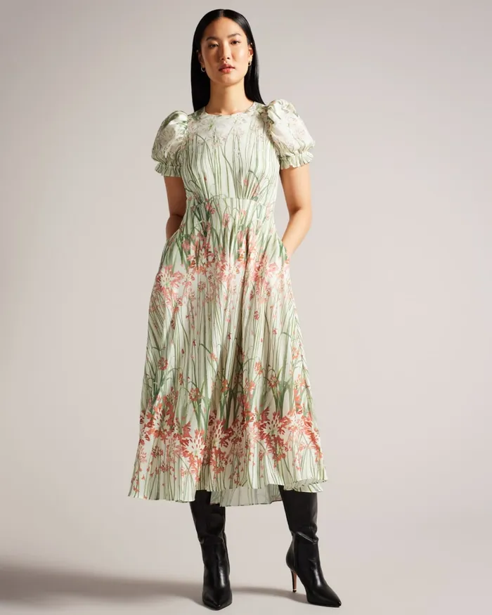 Women ZAHRRIA 8211 Floral Midi Dress With Puff Sleeves Ivory Ted Baker Dresses