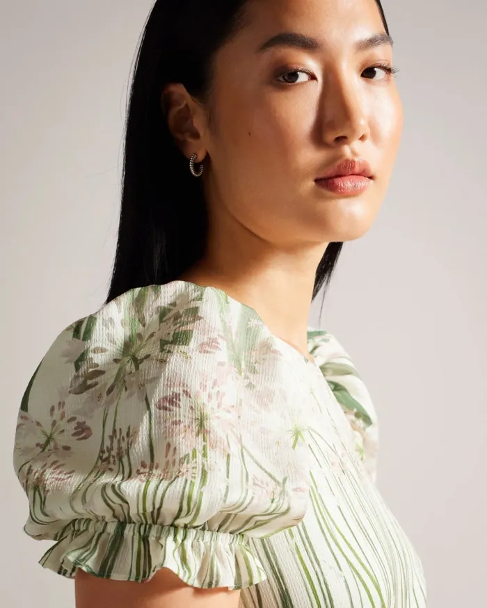 Women ZAHRRIA 8211 Floral Midi Dress With Puff Sleeves Ivory Ted Baker Dresses