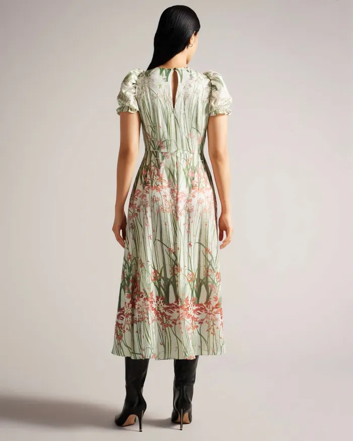 Women ZAHRRIA 8211 Floral Midi Dress With Puff Sleeves Ivory Ted Baker Dresses