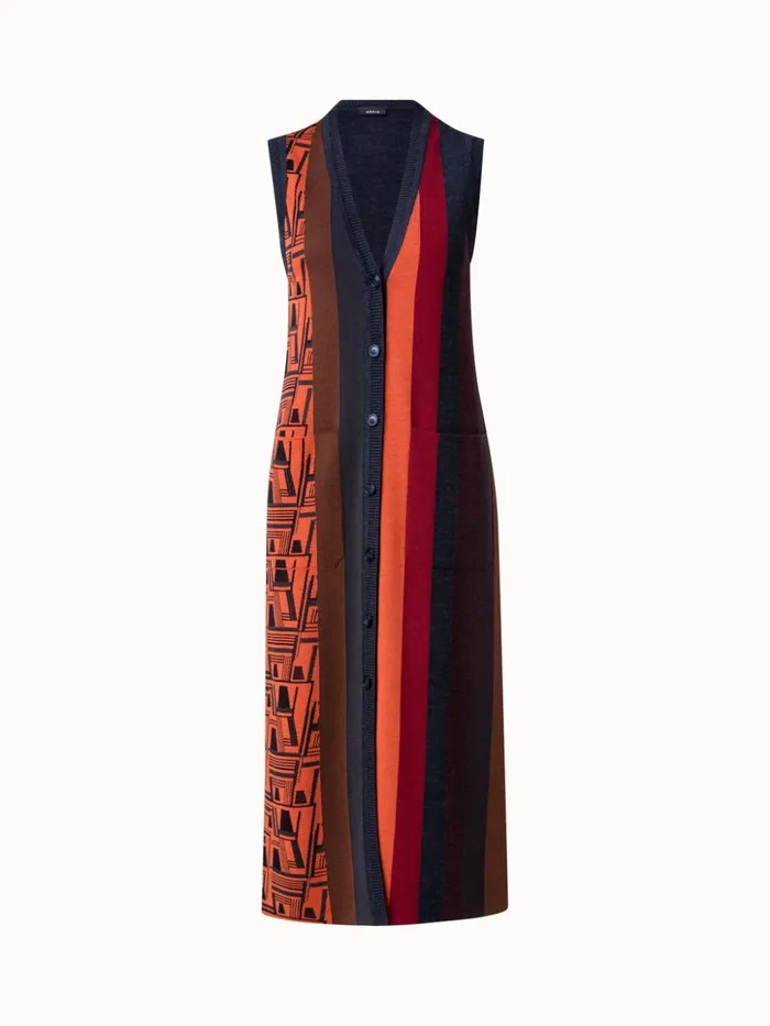 Wool Silk Jacquard Knit Long Gilet Multicolor Women Akris Knitwear