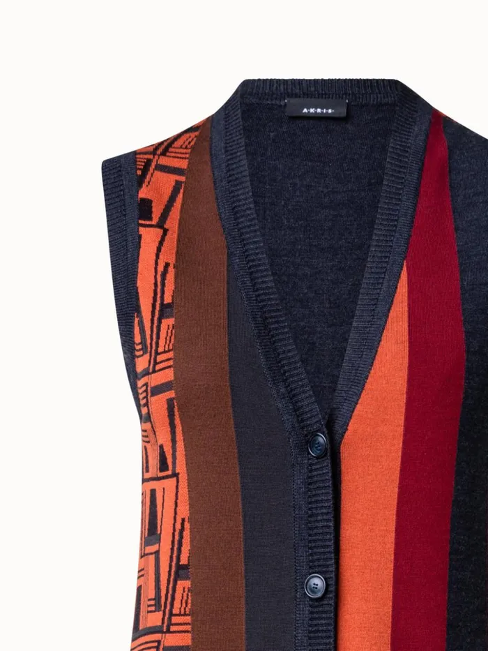 Wool Silk Jacquard Knit Long Gilet Multicolor Women Akris Knitwear
