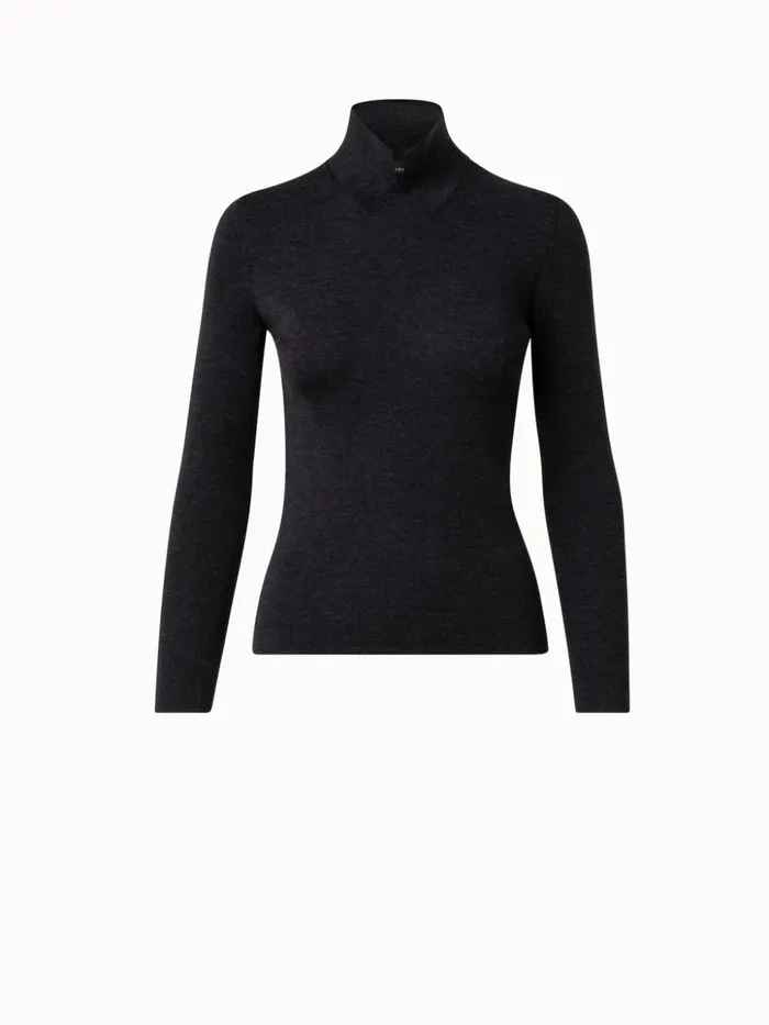 Wool Silk Mock Neck With Slit Pullover Charcoal Women Akris Knitwear