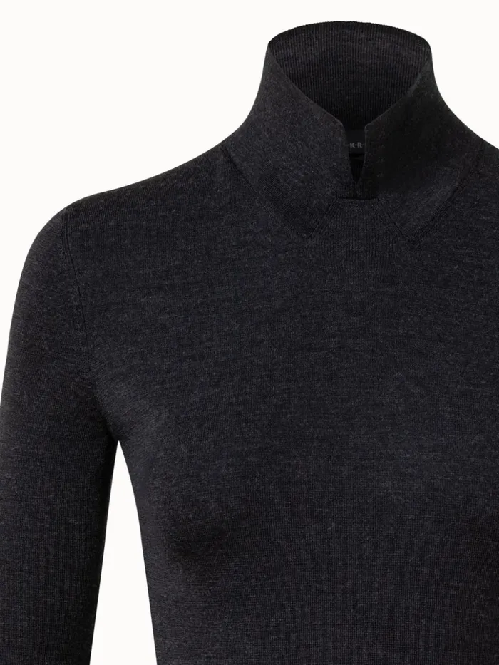 Wool Silk Mock Neck With Slit Pullover Charcoal Women Akris Knitwear